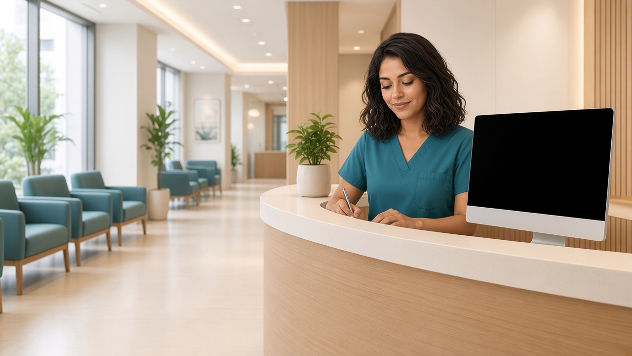 Clinic reception with the Saaniya mascot at the desk