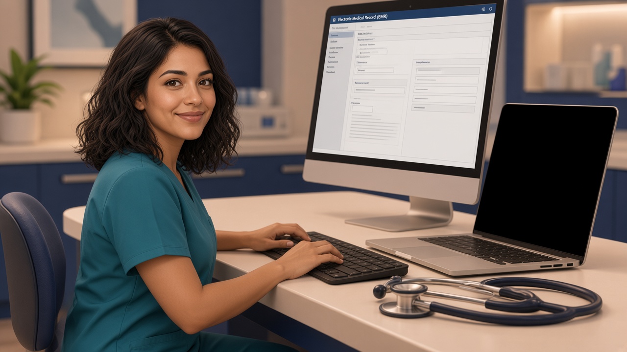 Saaniya EMR on a clinic desk with the Saaniya mascot