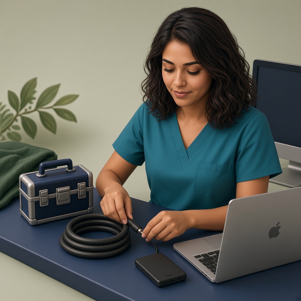 Saaniya mascot beside a laptop and backup drive