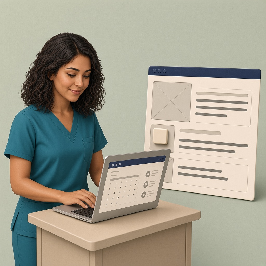 Saaniya mascot beside a clinic booking laptop