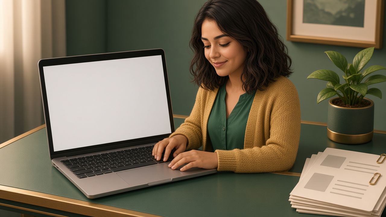 A small-business desk with a laptop, an invoice, a plant, and the Saaniya mascot