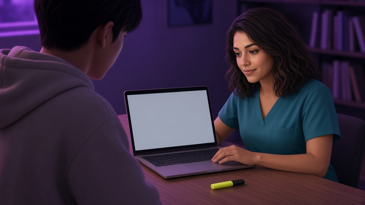 The Saaniya mascot working at a laptop beside a person