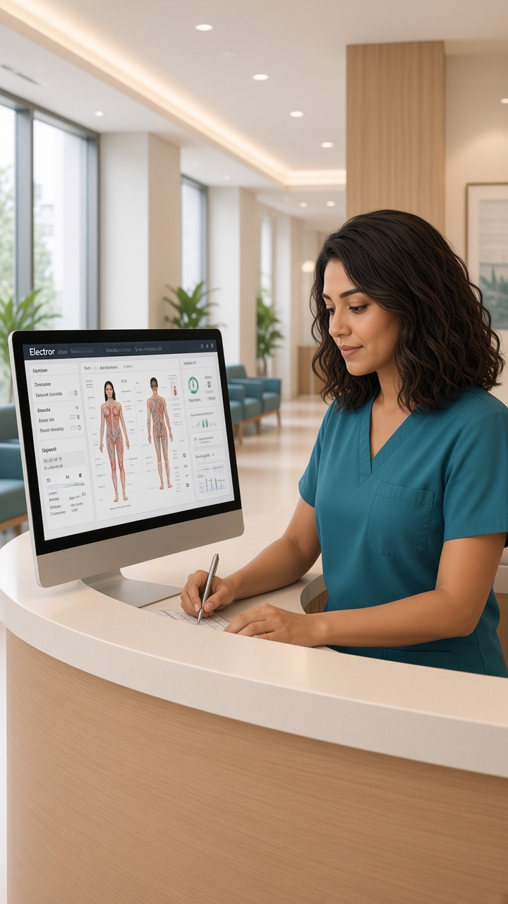Saaniya avatar in clinic-teal scrubs working an EMR at a clinic desk