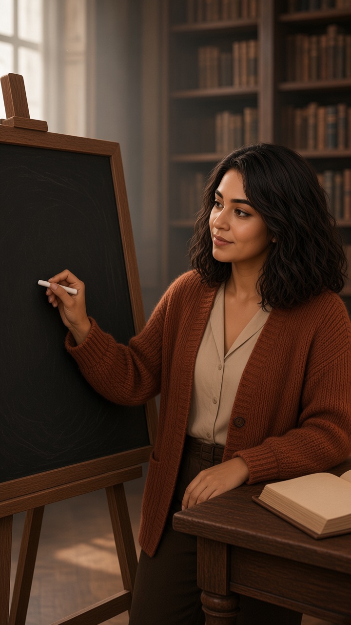 Saaniya avatar teaching at a chalkboard for GuruVidyaZen