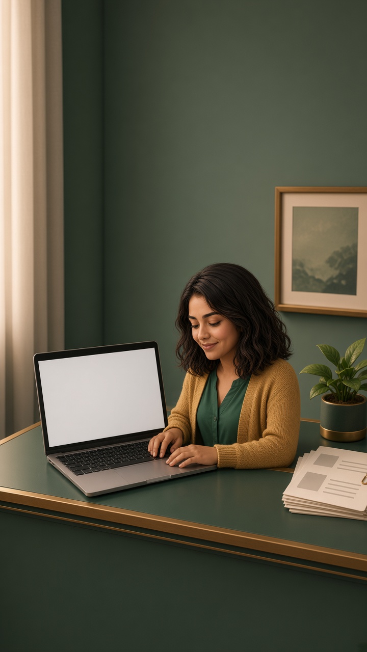 Saaniya avatar typing at a small-business desk for Saaniya Office Suite