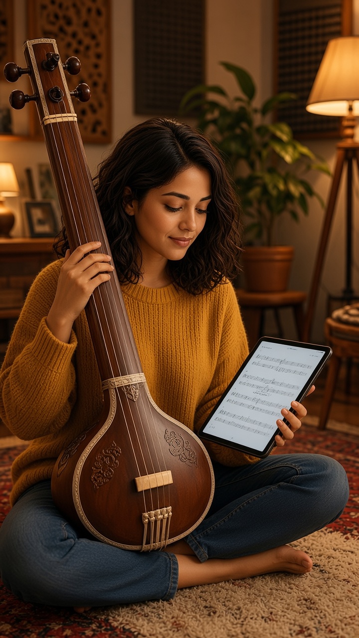 Saaniya avatar reviewing practice notes with a string instrument for Riyaz Studio